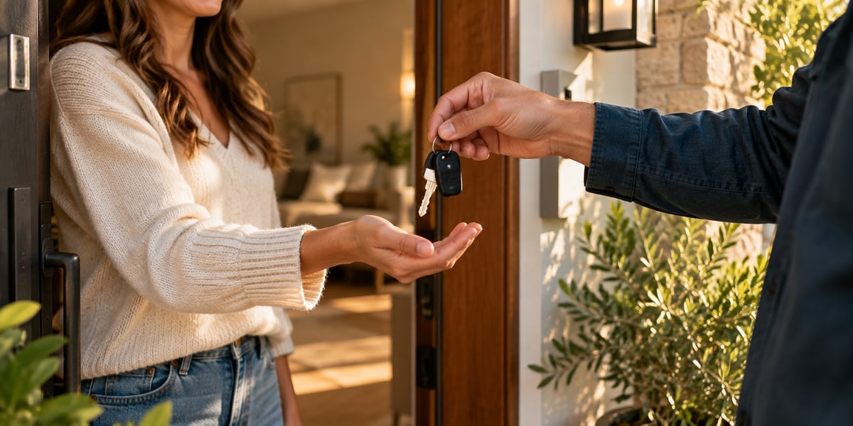 Car key handed from one person to another at a front door with an open door behind them