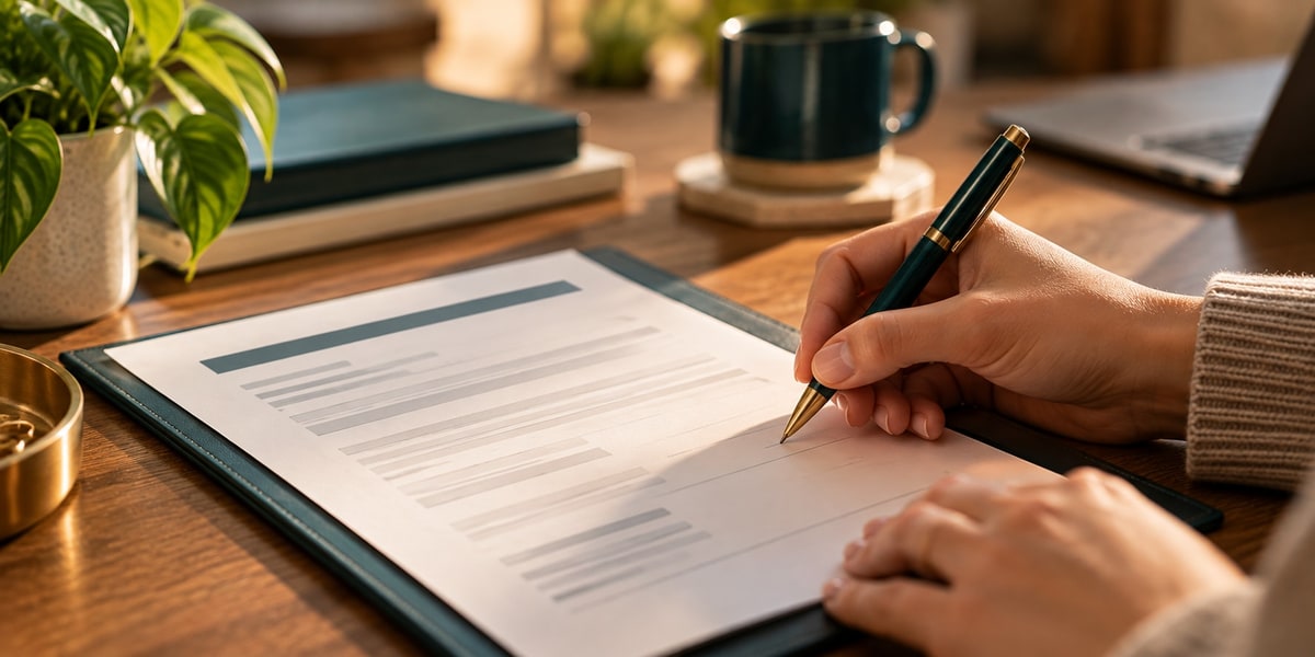Person signing a document on a clipboard at a wooden desk