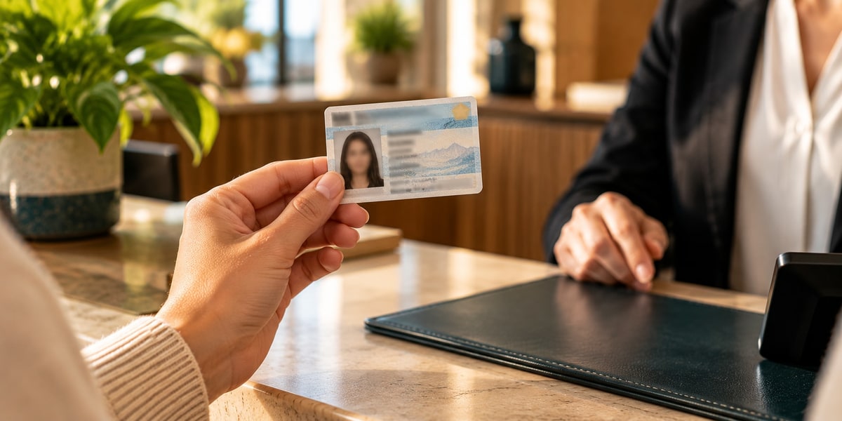 Person holding a driver's license out at a hotel-style front desk