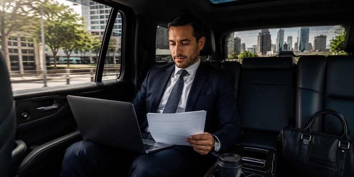 Business executive working in luxury SUV during Houston corporate travel