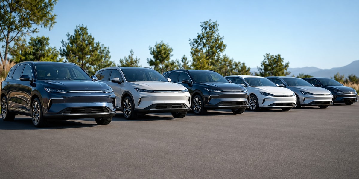 Row of parked vehicles representing a range of rental vehicle types and sizes