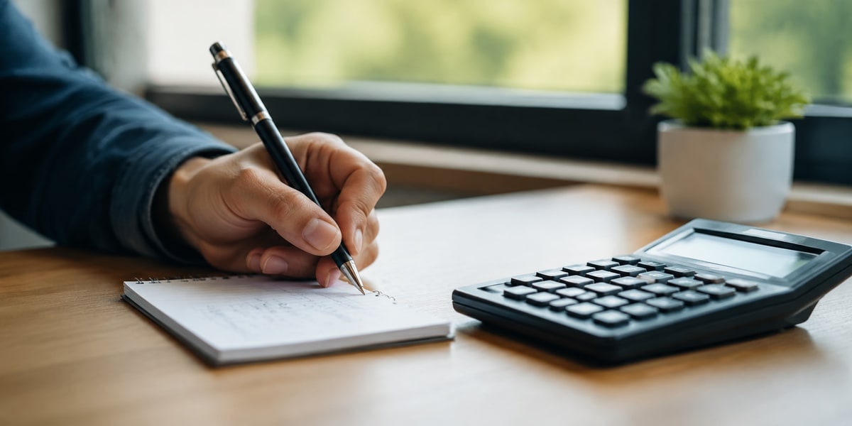 A hand writing numbers in a notebook next to a calculator on a wooden desk