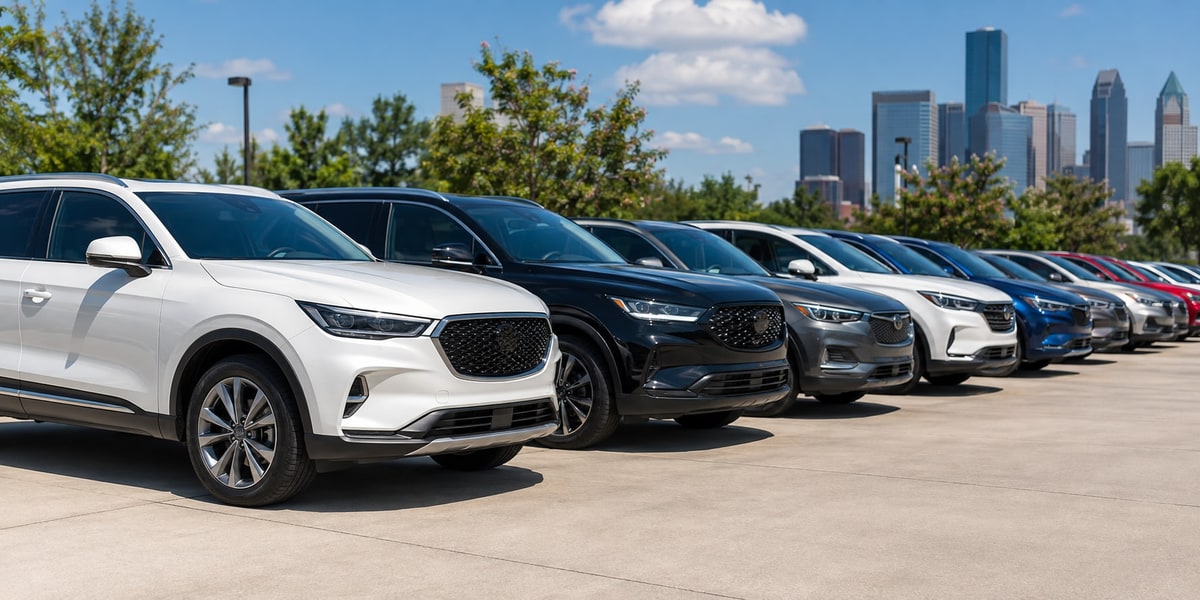 A row of parked SUVs with the Houston downtown skyline in the background