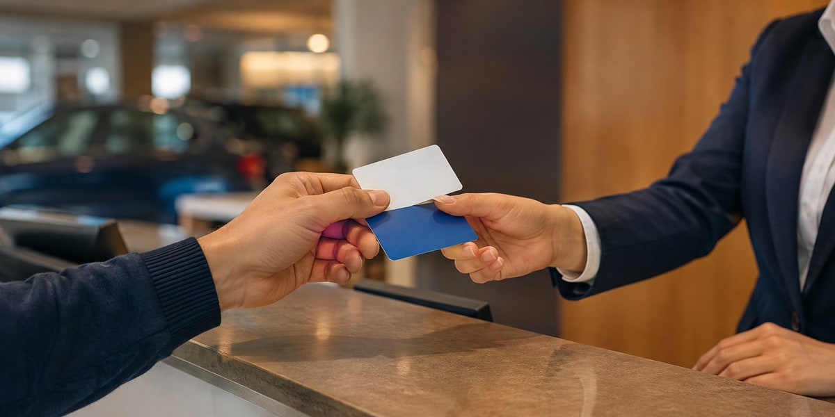 Guest driving away in a rental car booked in Houston with a debit card