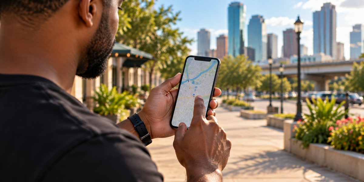A man checking a map app on his phone on a city sidewalk with skyscrapers behind him