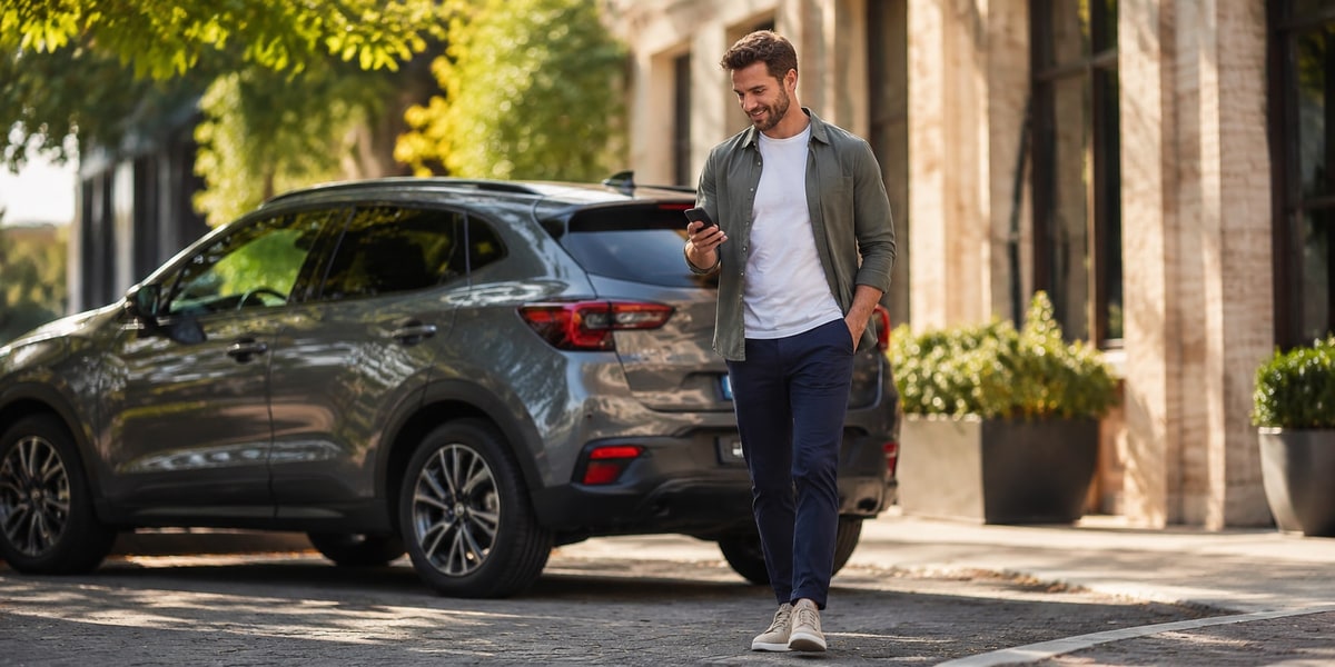 Man checking his phone after walking away from a parked SUV