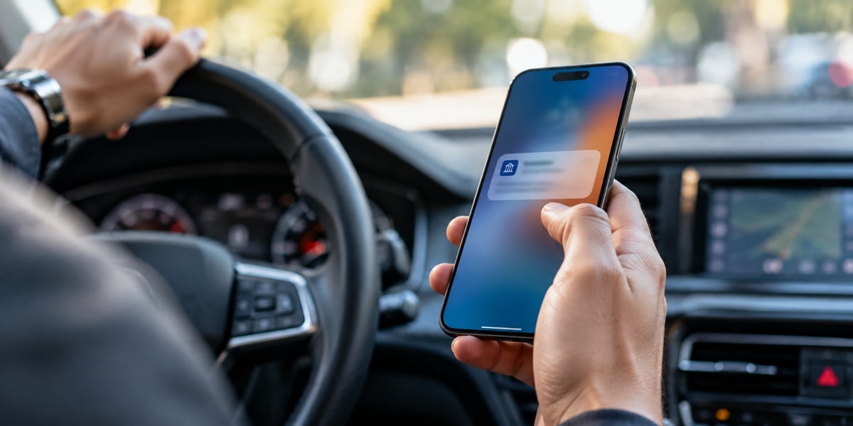 A driver checking a banking notification on a phone while sitting behind the wheel of a car