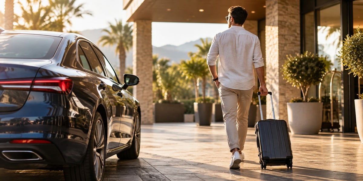 A man walking toward a parked car with a rolling suitcase outside a building entrance