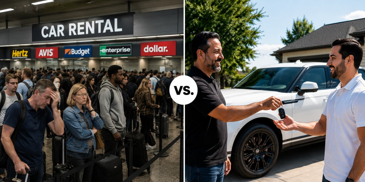 Stressful airport rental counter line vs direct key handoff at DriveonHTX Houston