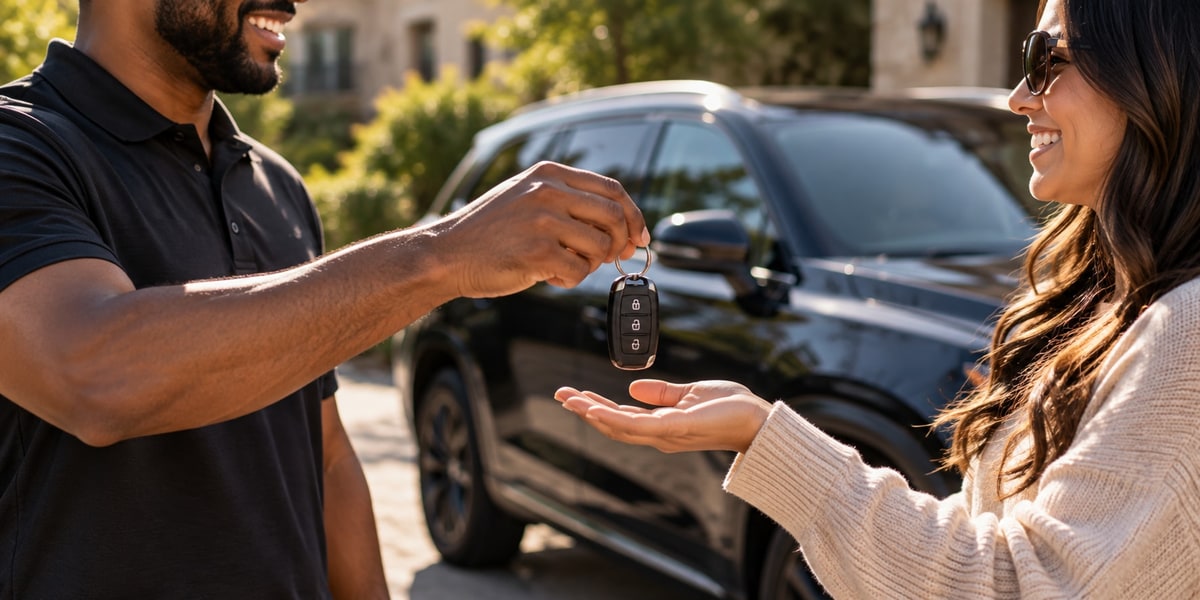 A car key handed directly from one person to another next to a parked SUV