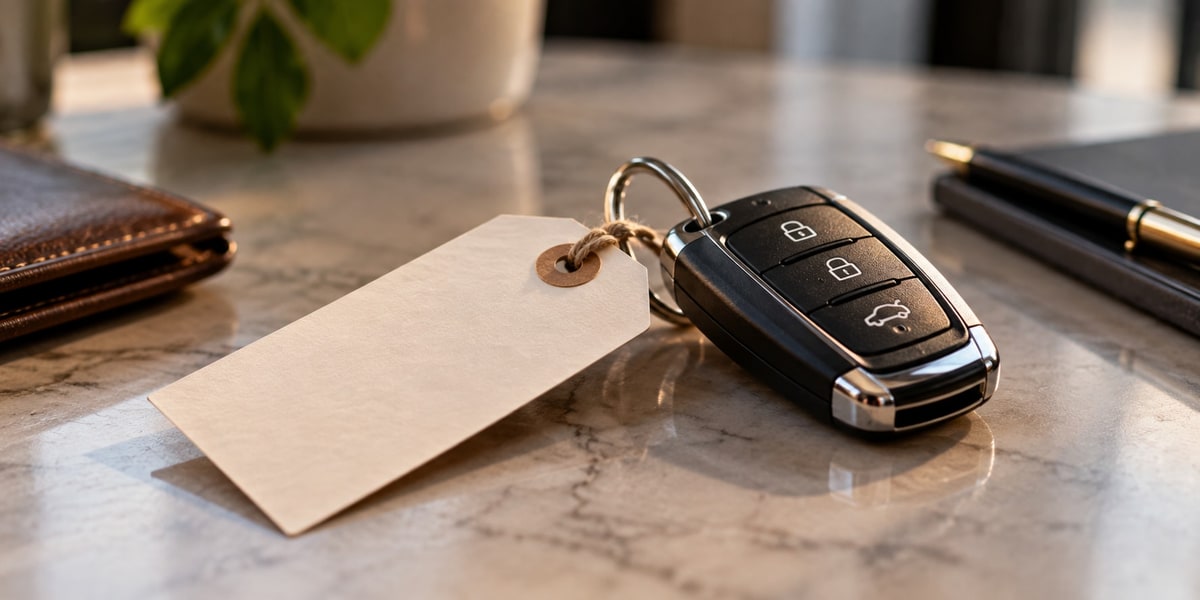 Car key and blank price tag on a marble countertop