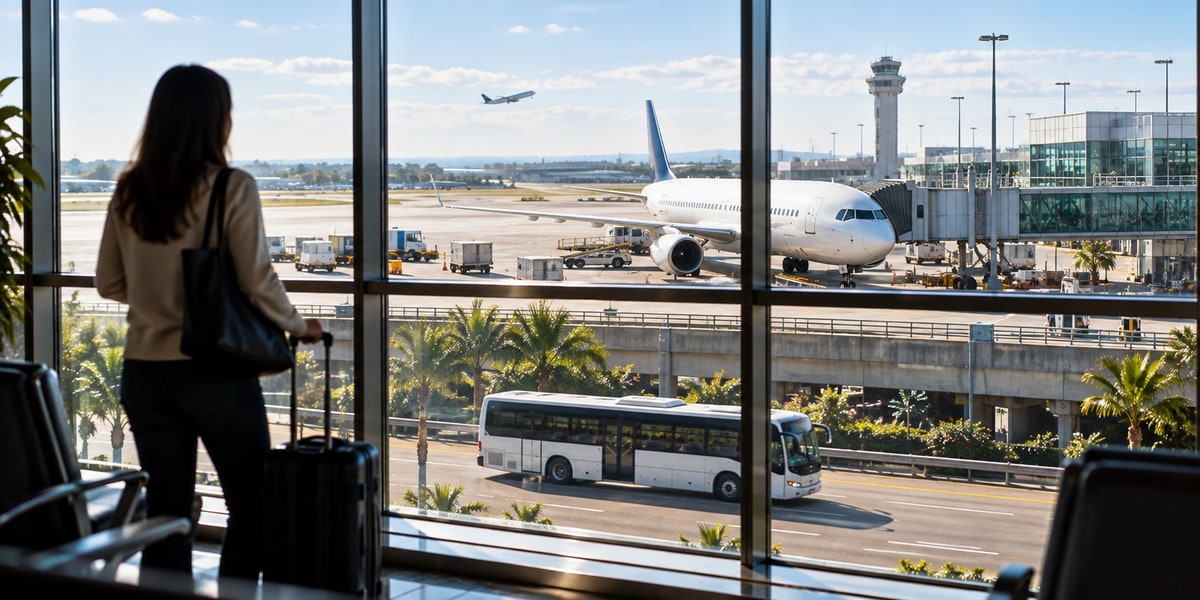 Traveler with a rolling suitcase looking out an airport terminal window at a parked plane and shuttle bus