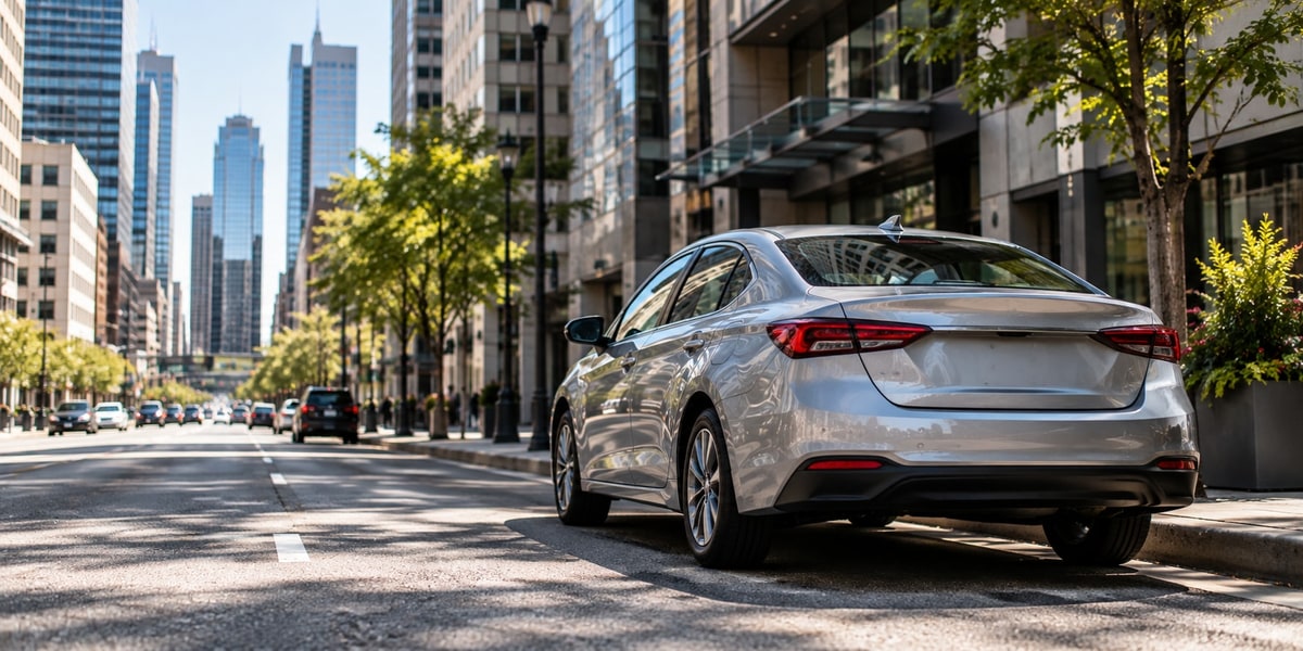 Silver sedan parked on a downtown Houston street lined with high-rise buildings