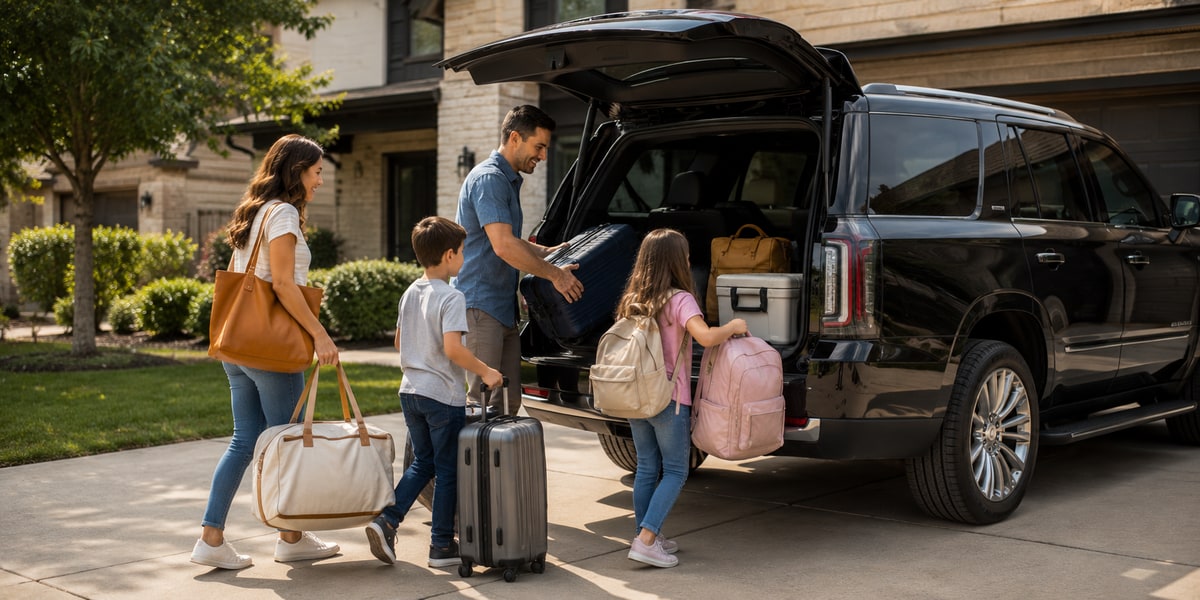 Family loading luggage into large SUV for Houston trip