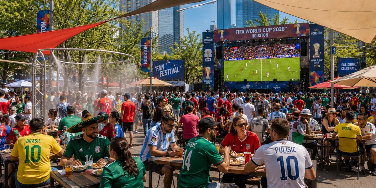 Diverse World Cup fans at Houston Fan Festival with misting zones