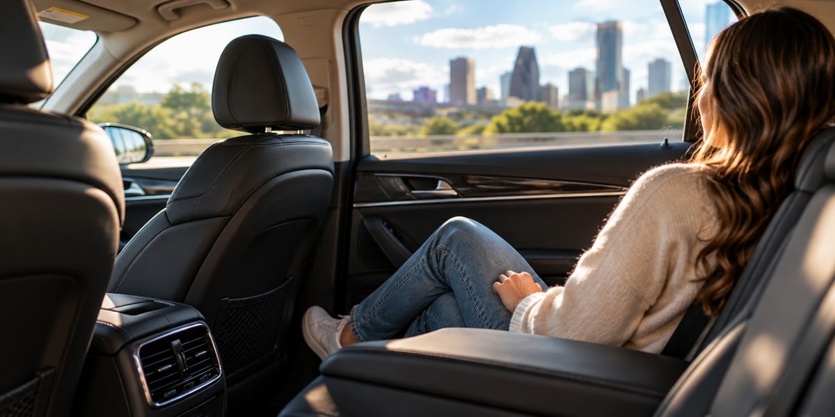 Passenger relaxing in the back seat of a car with the Houston skyline visible through the window
