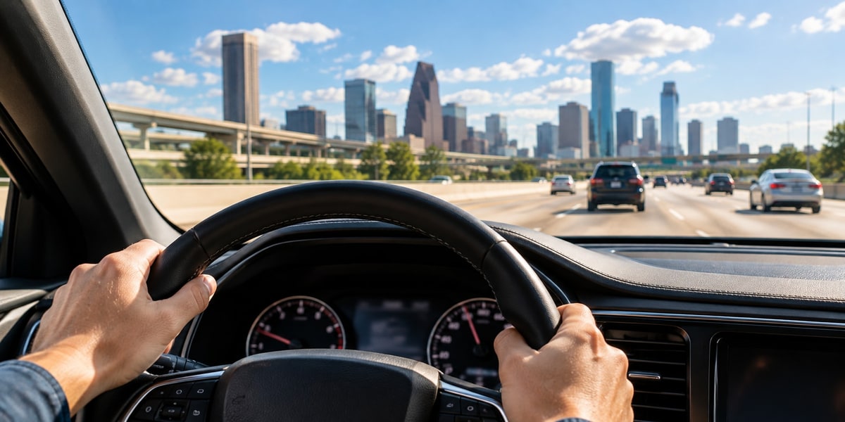 Driver's view from behind the wheel of a car on a Houston highway with the downtown skyline ahead