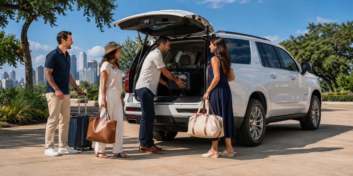 Group loading luggage into a full-size SUV rental before a Houston road trip