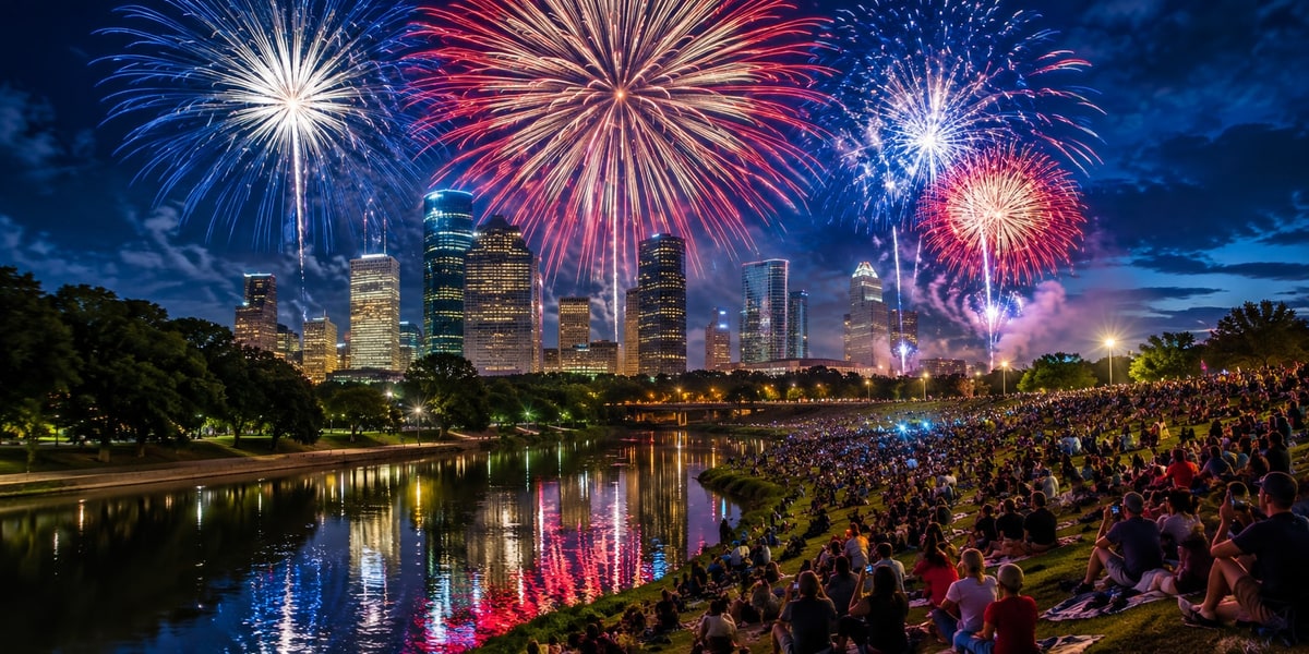 Fourth of July fireworks exploding over Houston skyline reflected in Buffalo Bayou with thousands of spectators at Eleanor Tinsley Park