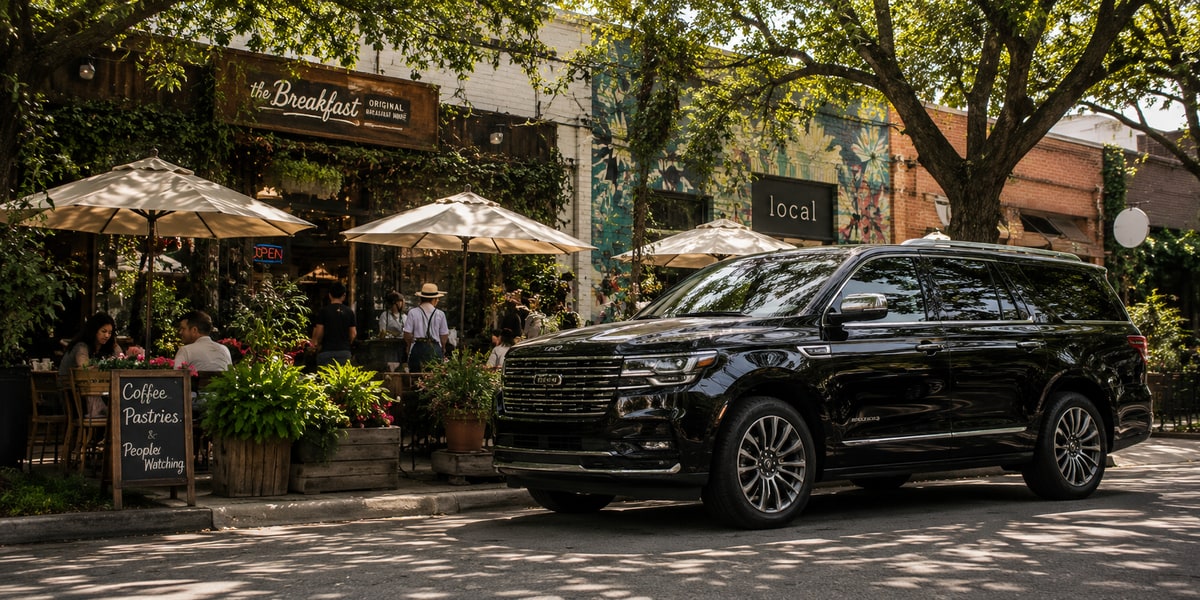 Luxury SUV parked outside Houston local café