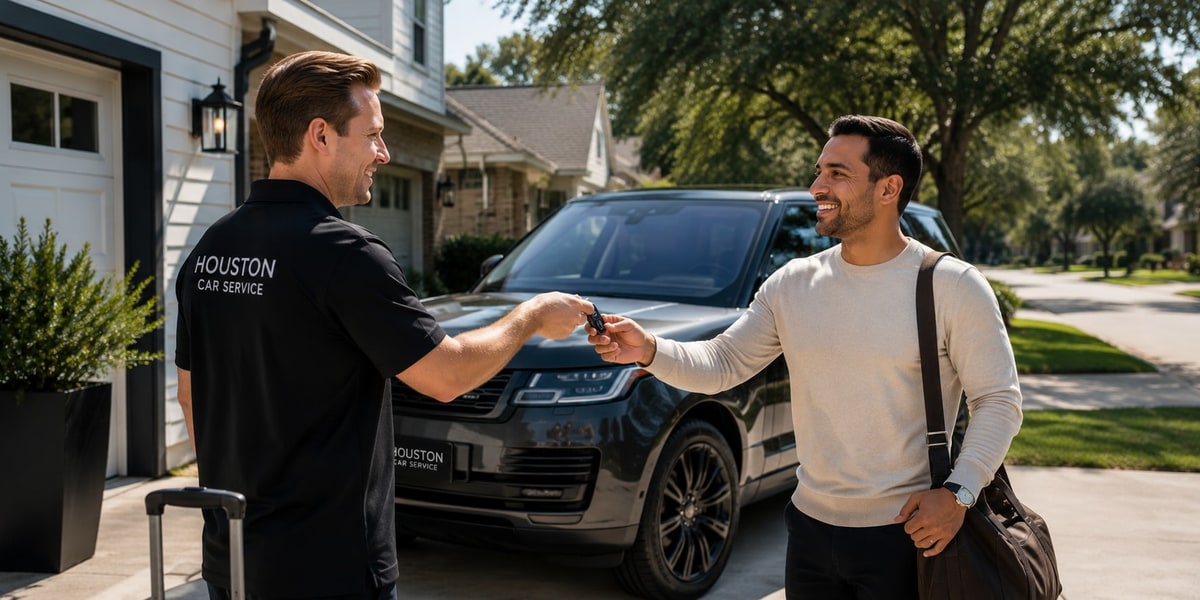 DriveonHTX owner handing keys to customer at Cypress TX suburban pickup location