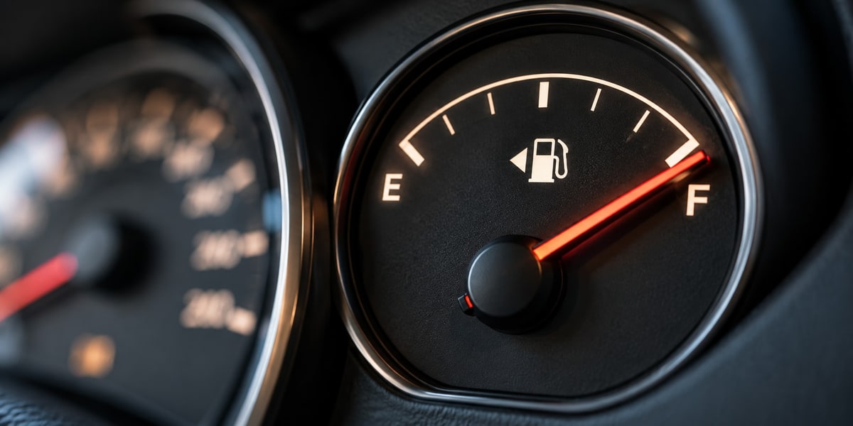 Close-up of a vehicle fuel gauge showing a full tank