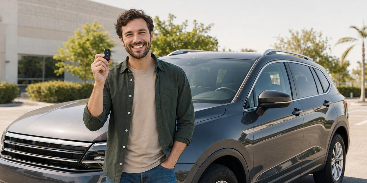 Confirmed rental car keys being handed over at a direct rental pickup in Houston