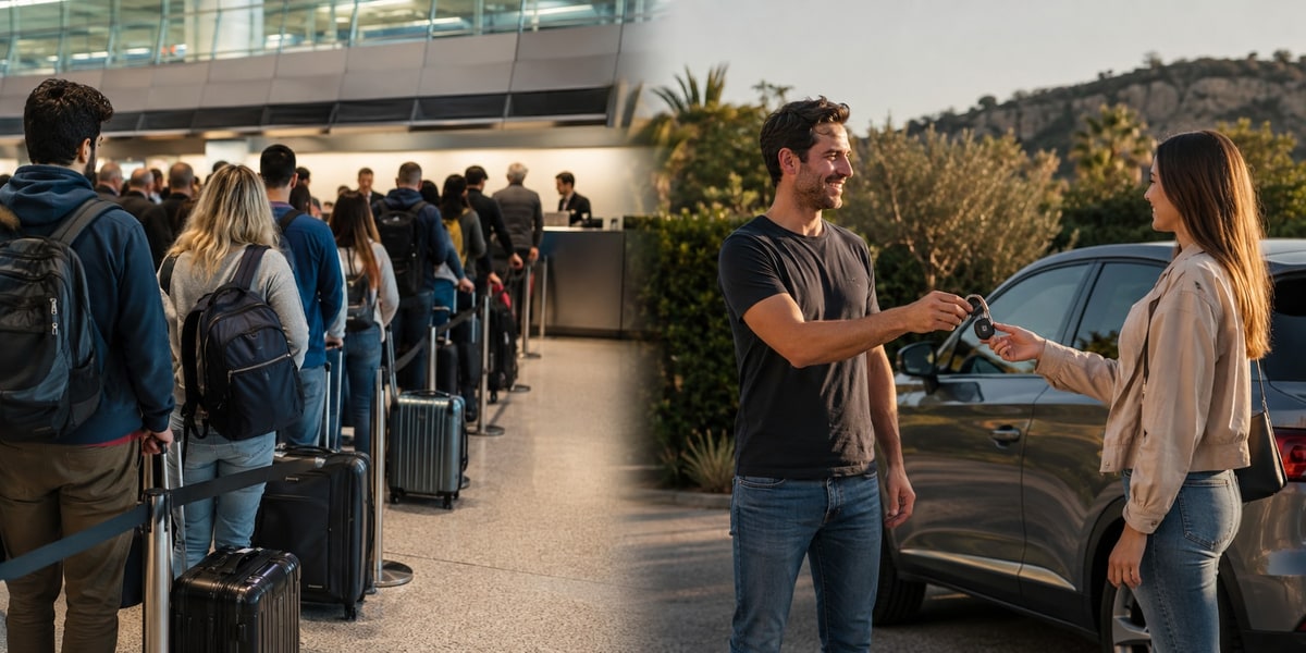 Comparison of a crowded national rental counter versus a direct local rental pickup