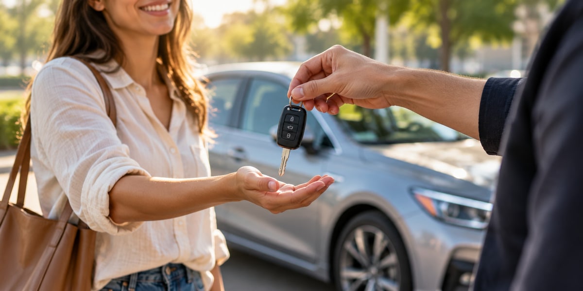 A car key being handed from one person to another near a parked vehicle