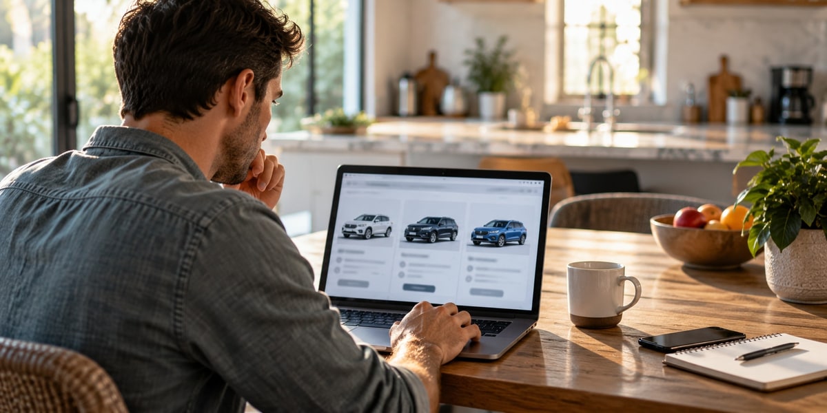 Man comparing rental listings on a laptop before booking