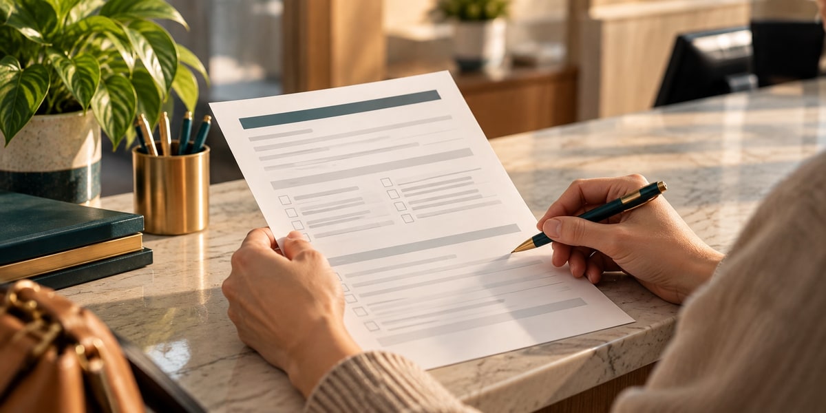 Person filling out a checklist form with a pen at a marble counter