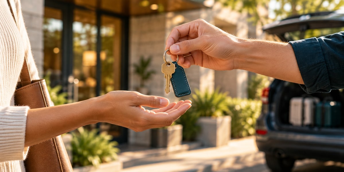Car key handed from one person to another outside a building near a parked SUV with an open trunk