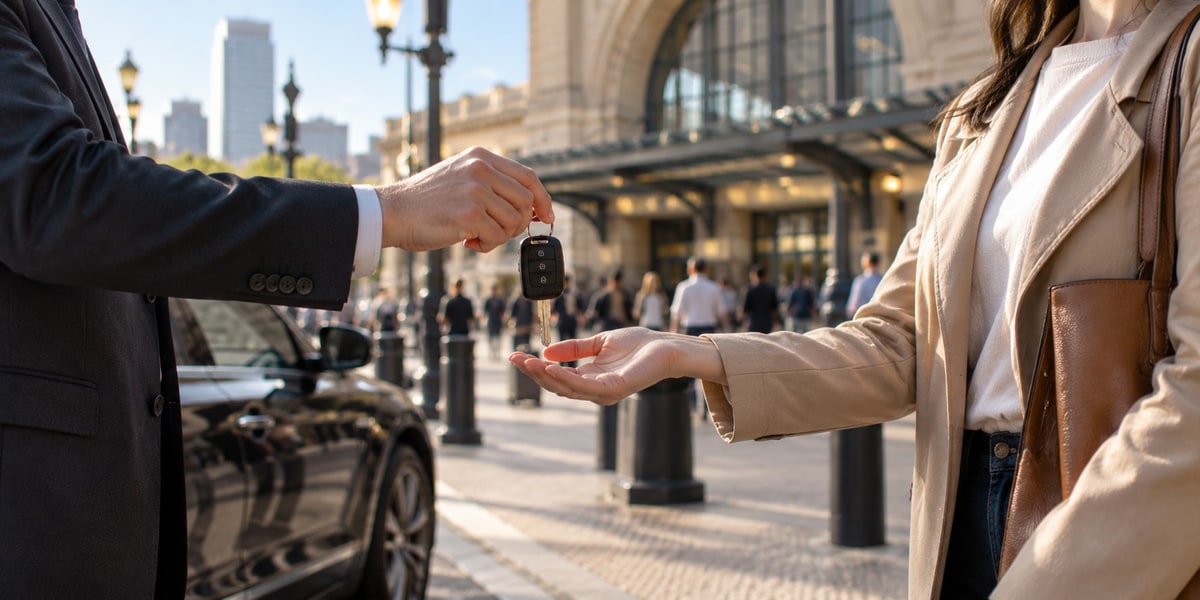 Two people exchanging a car key on a city sidewalk near a parked vehicle