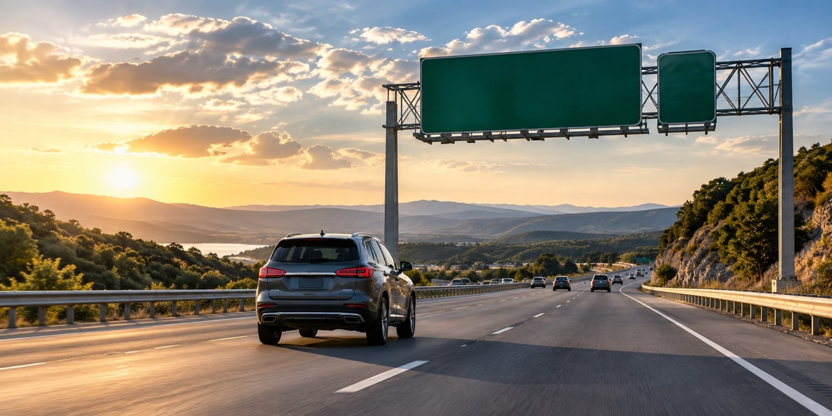 SUV driving on a highway at sunset beneath a blank overhead highway sign