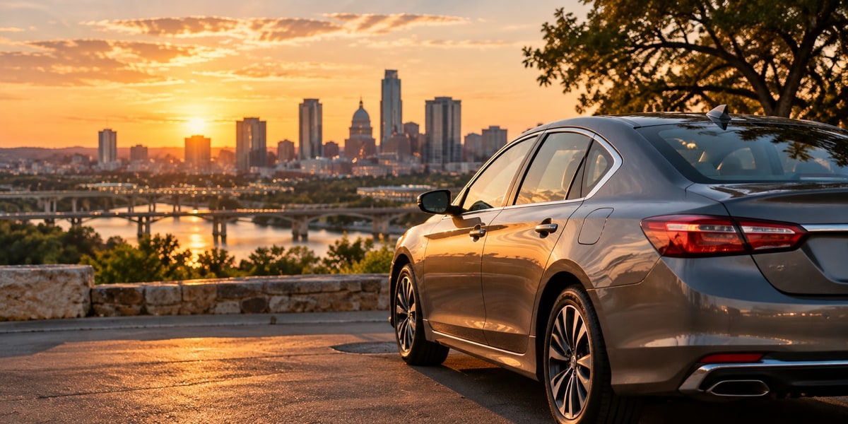 Sedan parked at an overlook with a city skyline in the distance at sunset