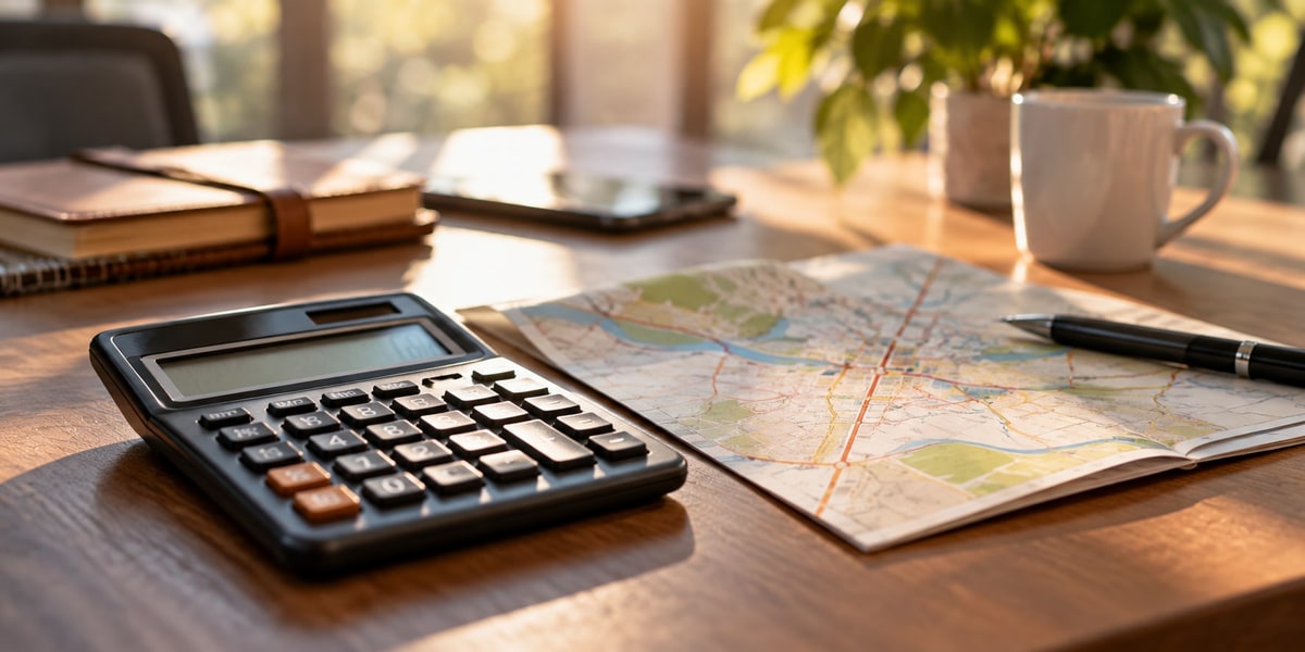 Calculator and folded map on a wood desk with a coffee mug and notebook