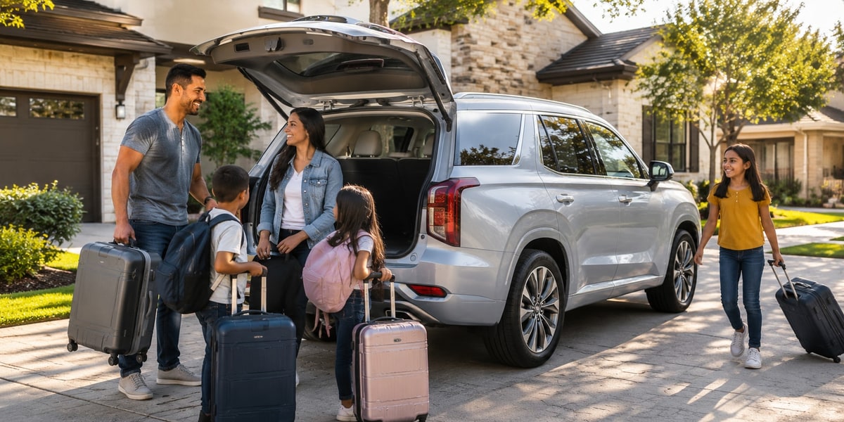 Houston family loading luggage into silver 2023 Hyundai Palisade for a road trip