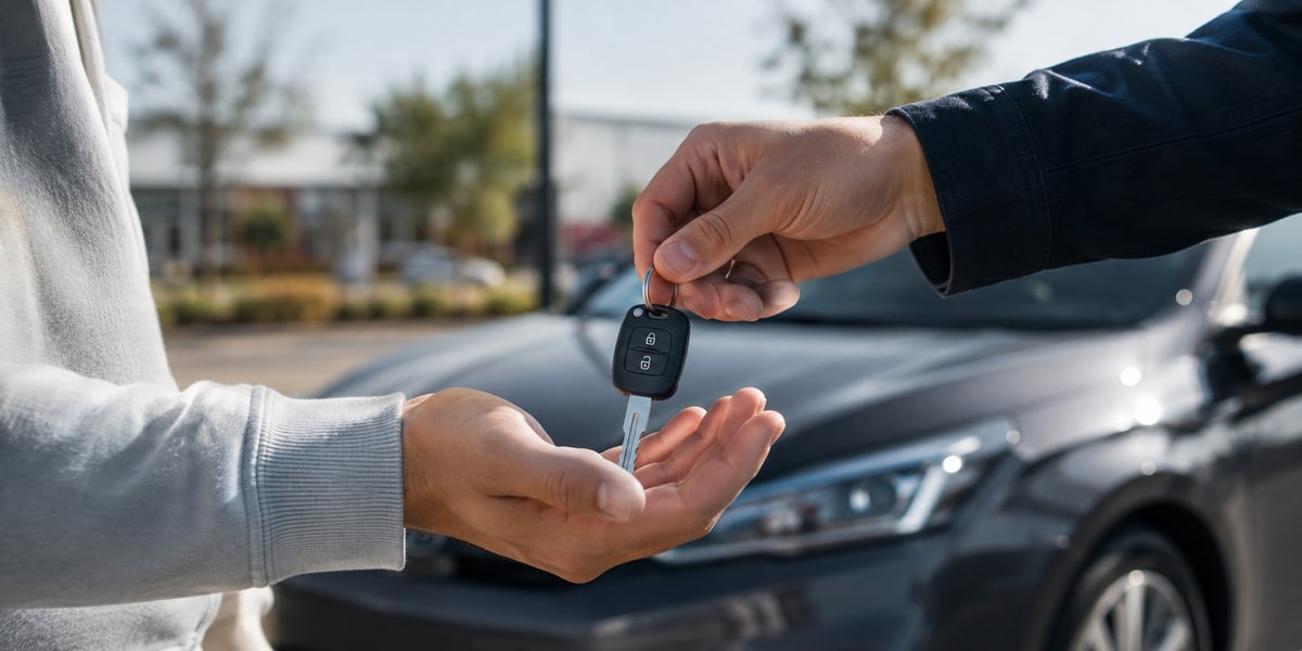 Rental car keys being handed from one person to another