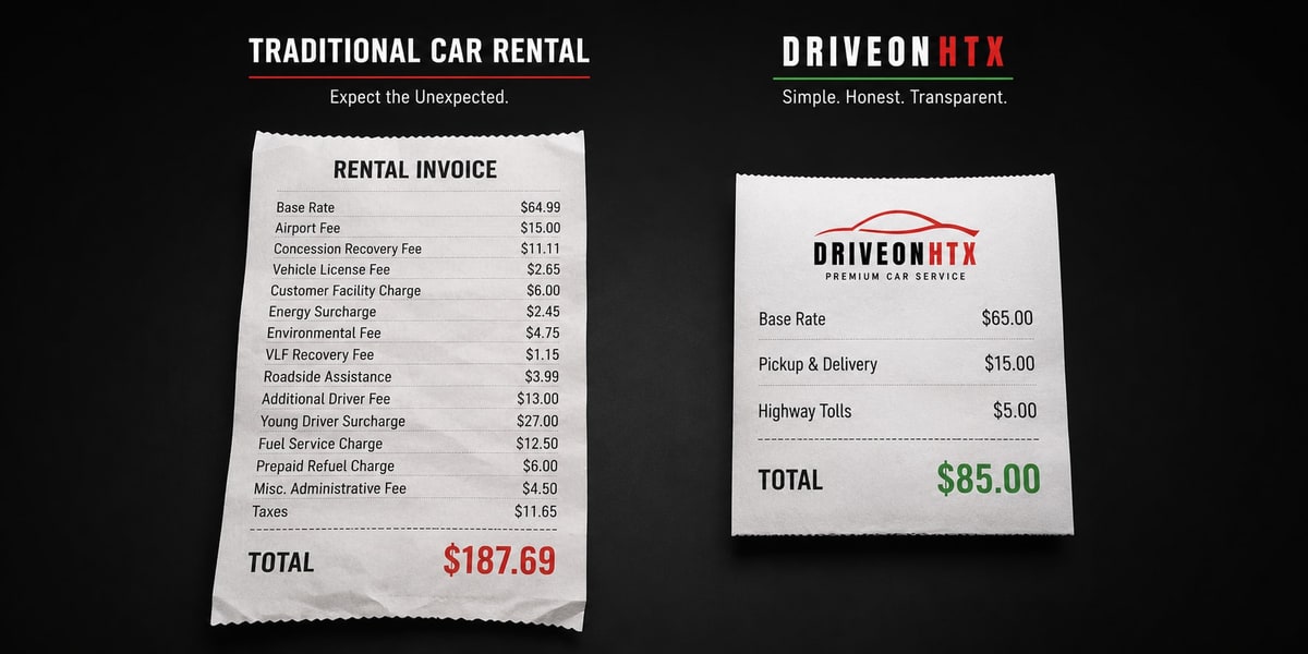 Side by side comparison of airport rental receipt vs DriveonHTX transparent pricing