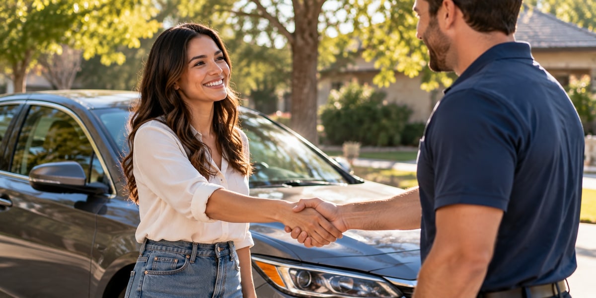 Woman shaking hands with a man beside a parked car on a tree-lined residential street