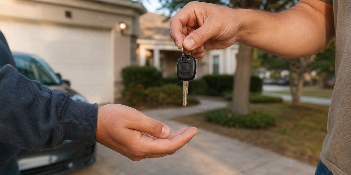 Guest checking rental car pricing details on a phone before booking