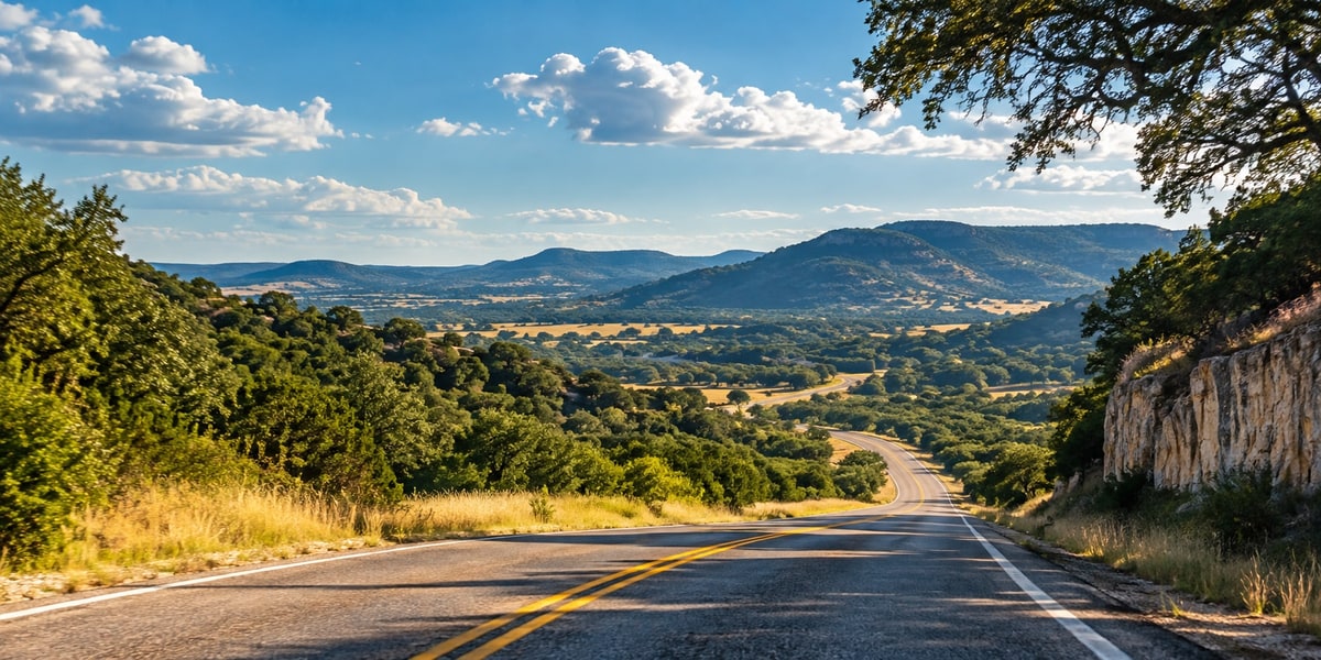 Winding two-lane road through the Texas Hill Country with rolling hills in the distance