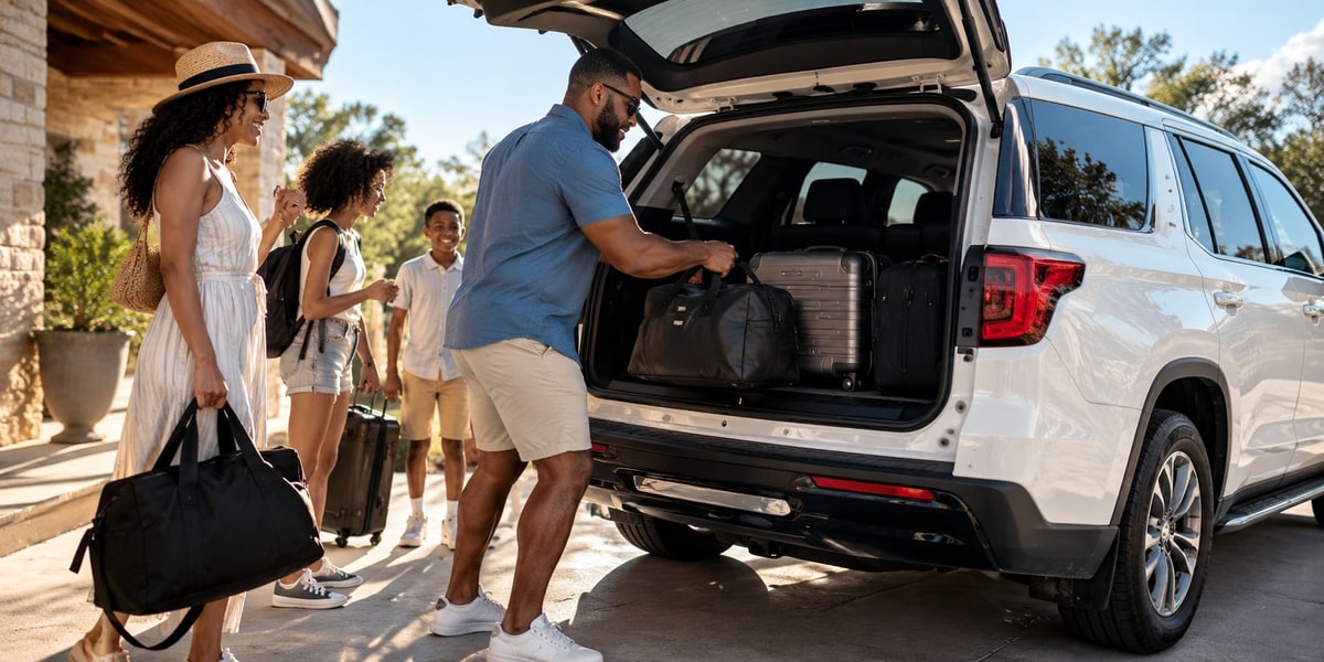Family loading luggage into the back of a full-size SUV before a road trip