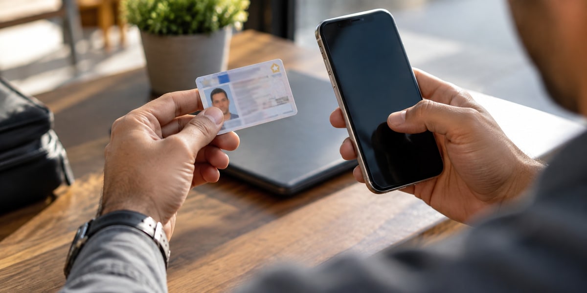 Hand holding an ID card next to a phone on a wooden desk