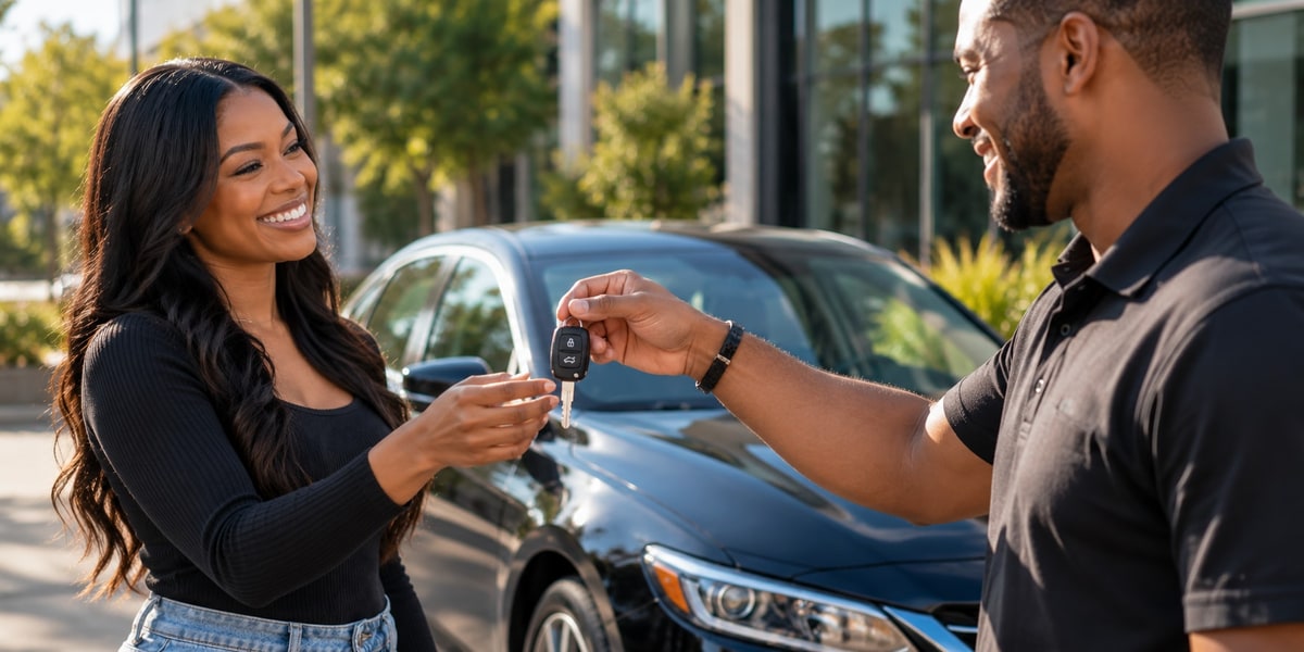 A man handing a car key to a smiling woman in front of a parked car