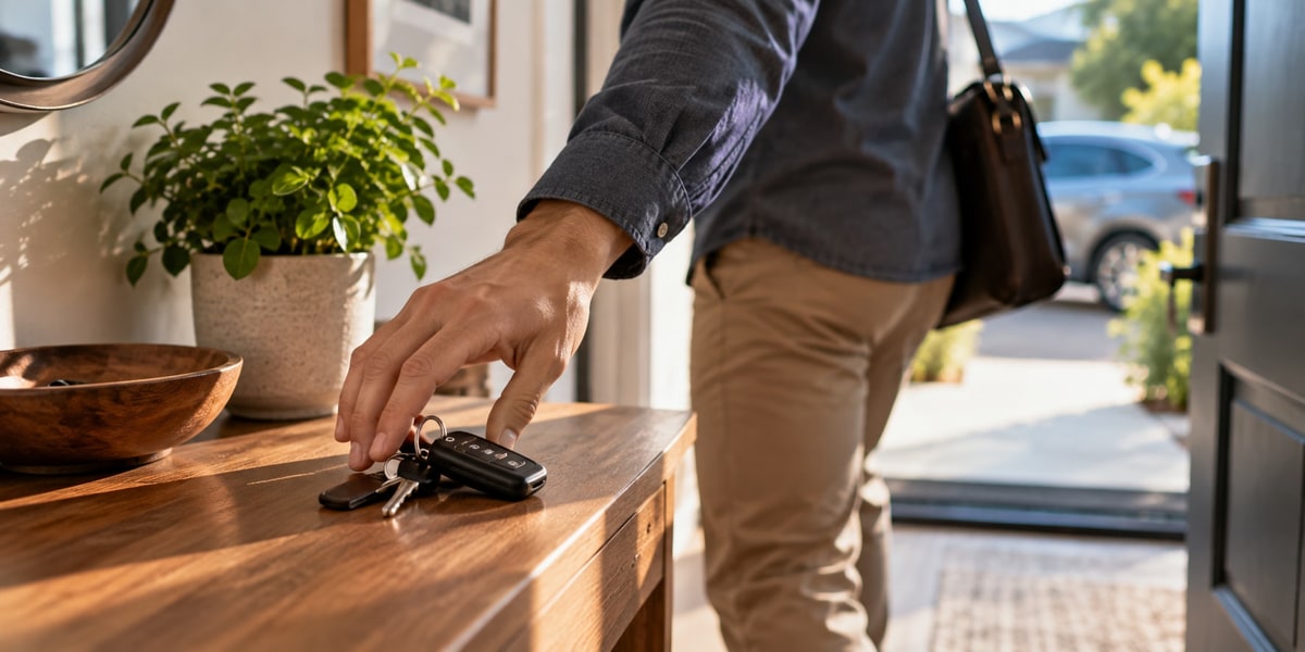 Man grabbing car keys from a table on his way out the door