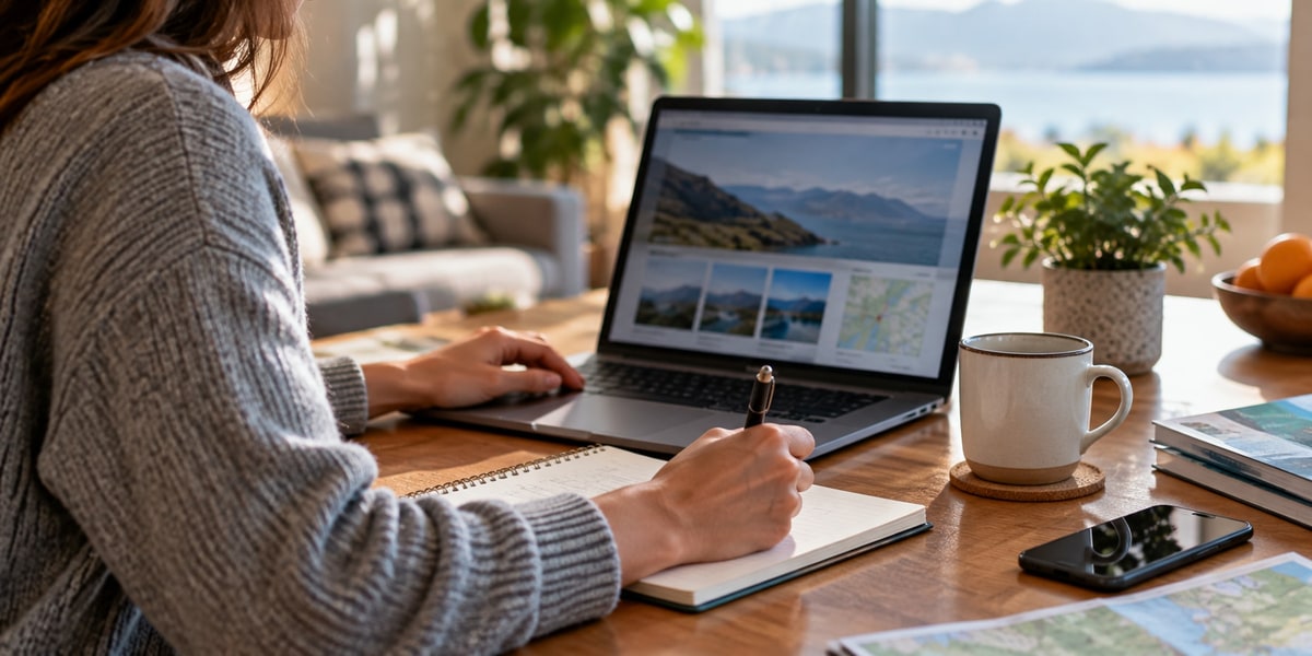 Woman planning a trip on a laptop and notebook at a table