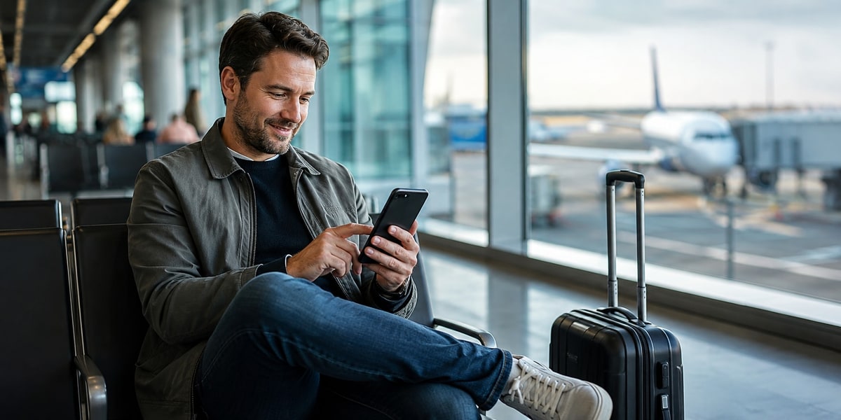 Man checking his phone in an airport terminal with a suitcase beside him
