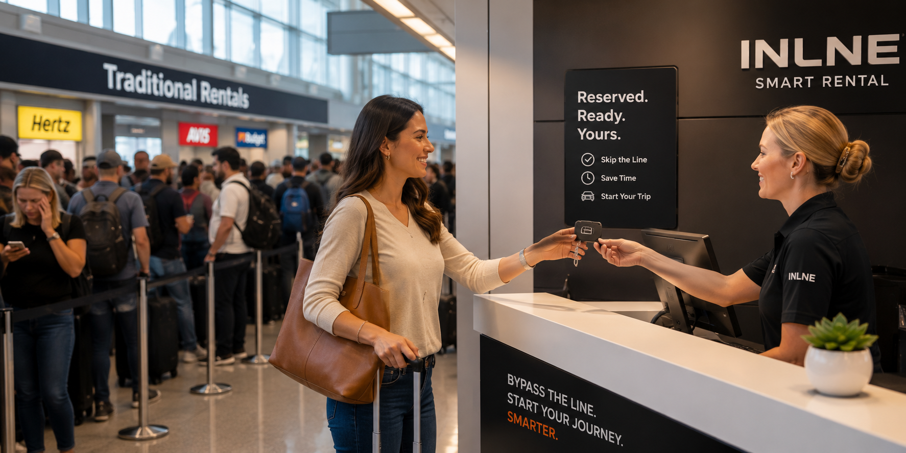 Smart traveler bypassing airport rental counter lines at DriveonHTX
