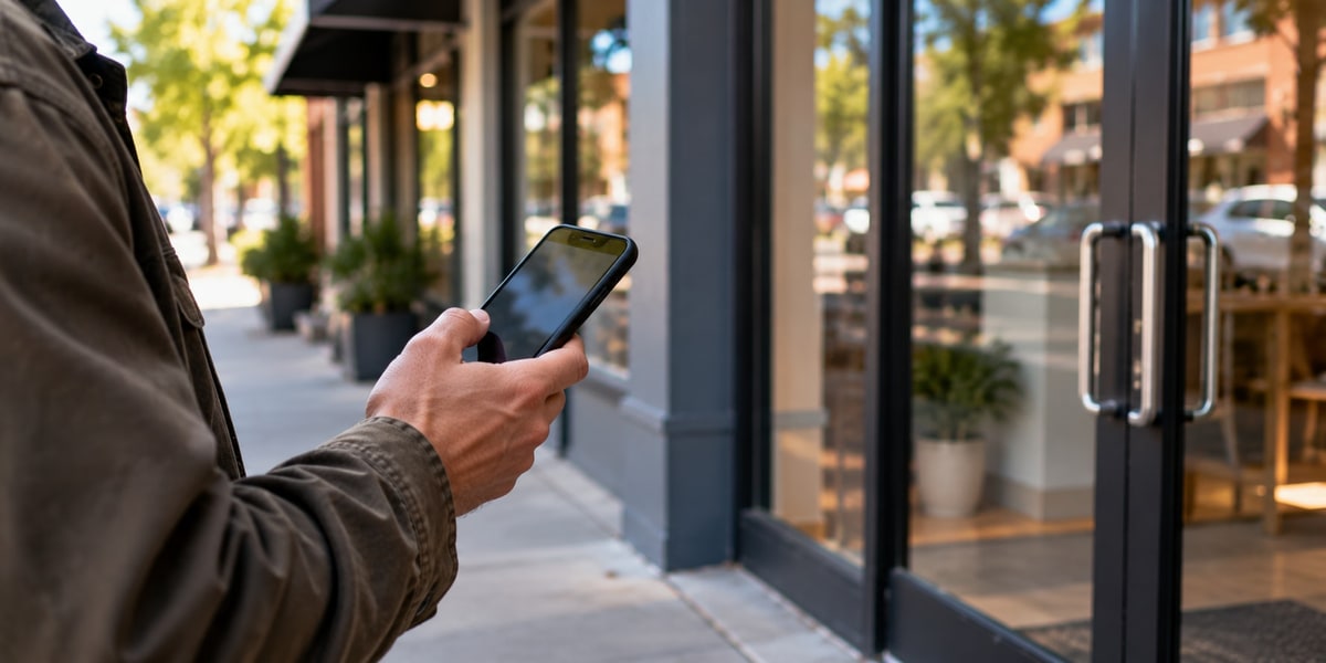 Person checking their phone outside a storefront with glass doors